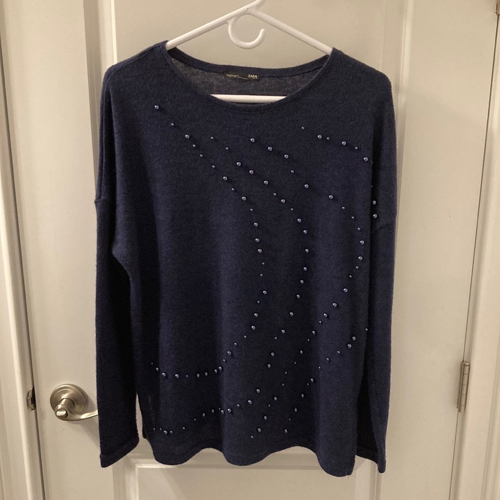 Zara blue sweater with blue pearl design, size small.